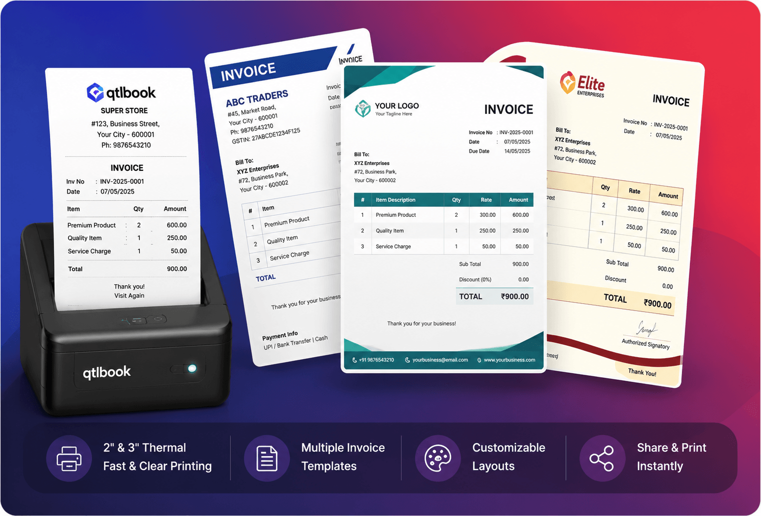 QTLBook thermal and A4 GST invoice printing on Android and Windows